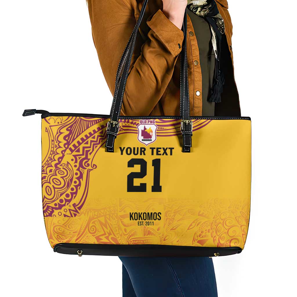 Queensland Papua New Guinea Custom Leather Tote Bag All Gold Pacific PNG Tribal Style