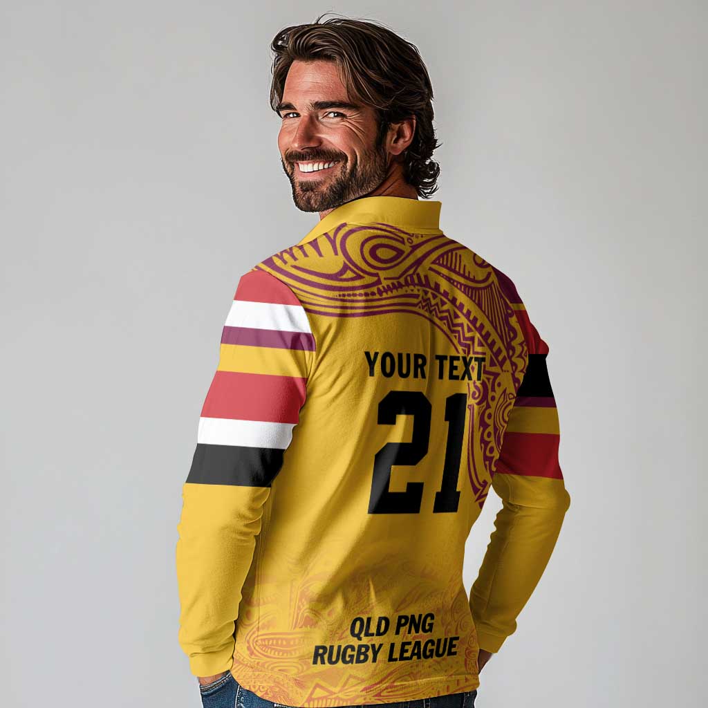 Queensland Papua New Guinea Custom Long Sleeve Polo Shirt All Gold Pacific PNG Tribal Style