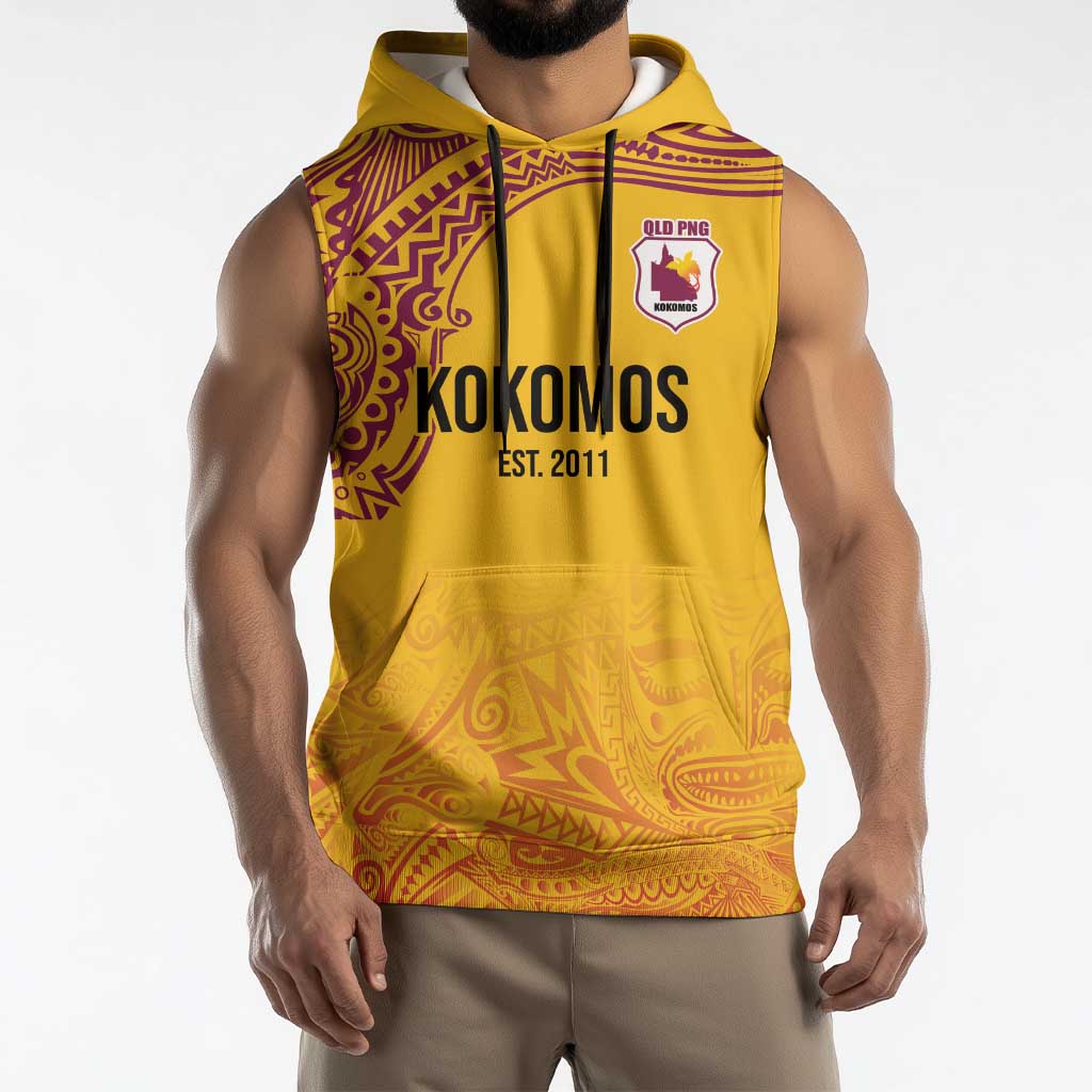 Queensland Papua New Guinea Custom Sleeveless Hoodie All Gold Pacific PNG Tribal Style - Polynesian Pride