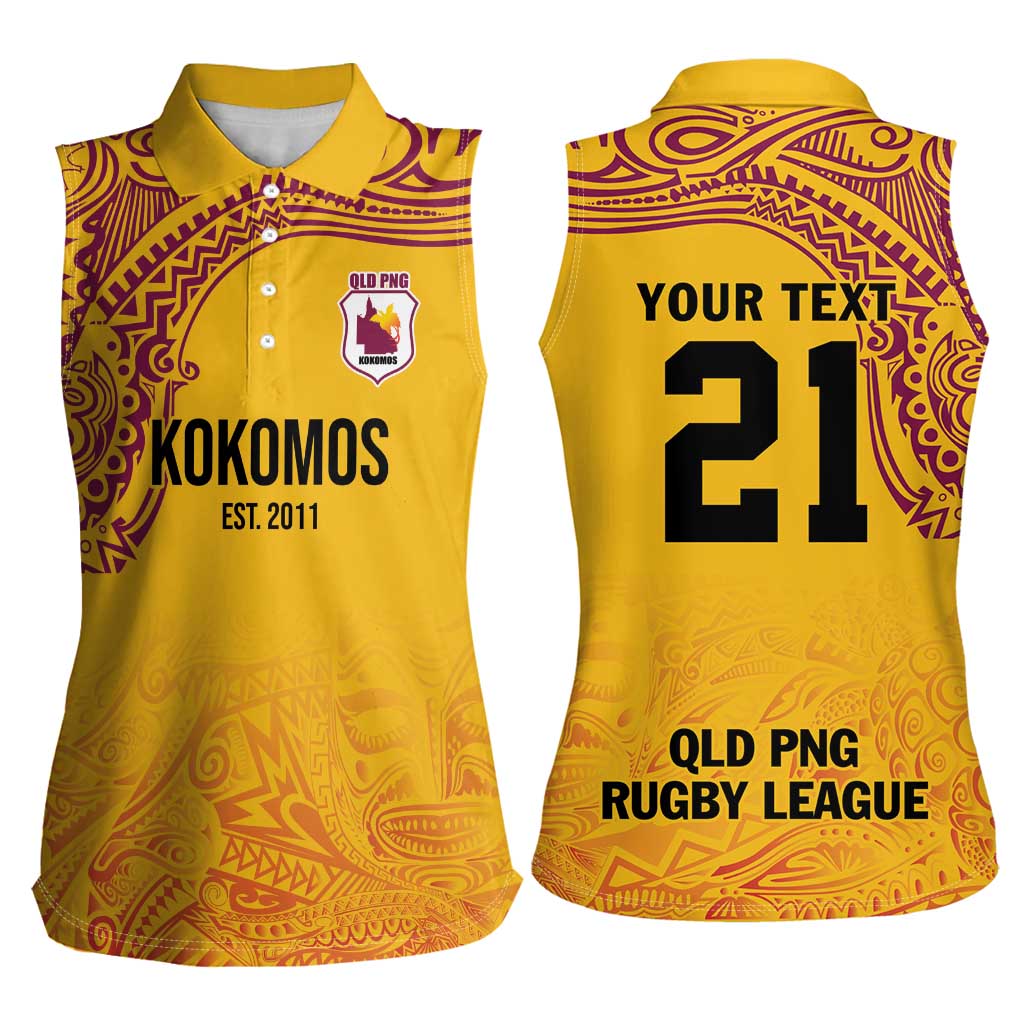 Queensland Papua New Guinea Custom Women Sleeveless Polo Shirt All Gold Pacific PNG Tribal Style