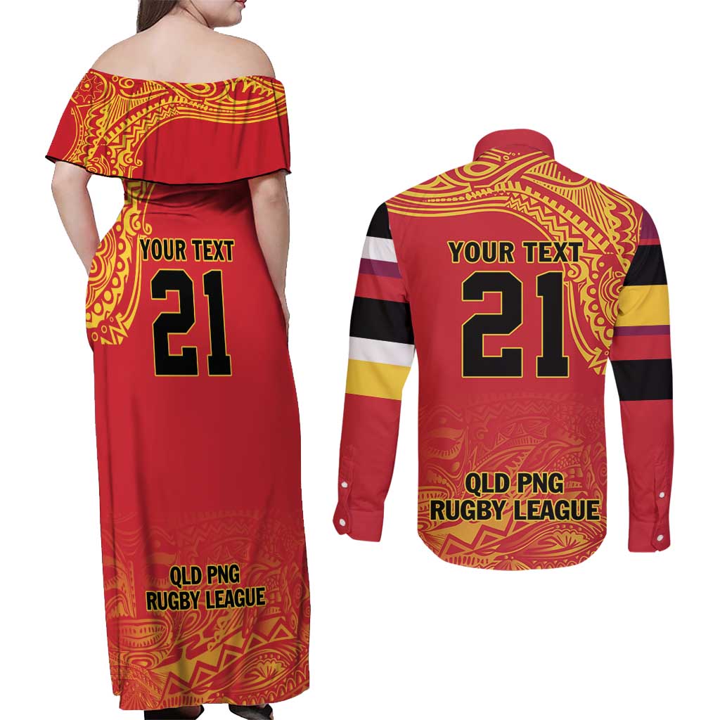 Queensland Papua New Guinea Custom Couples Matching Off Shoulder Maxi Dress and Long Sleeve Button Shirt All Red Pacific PNG Tribal Style