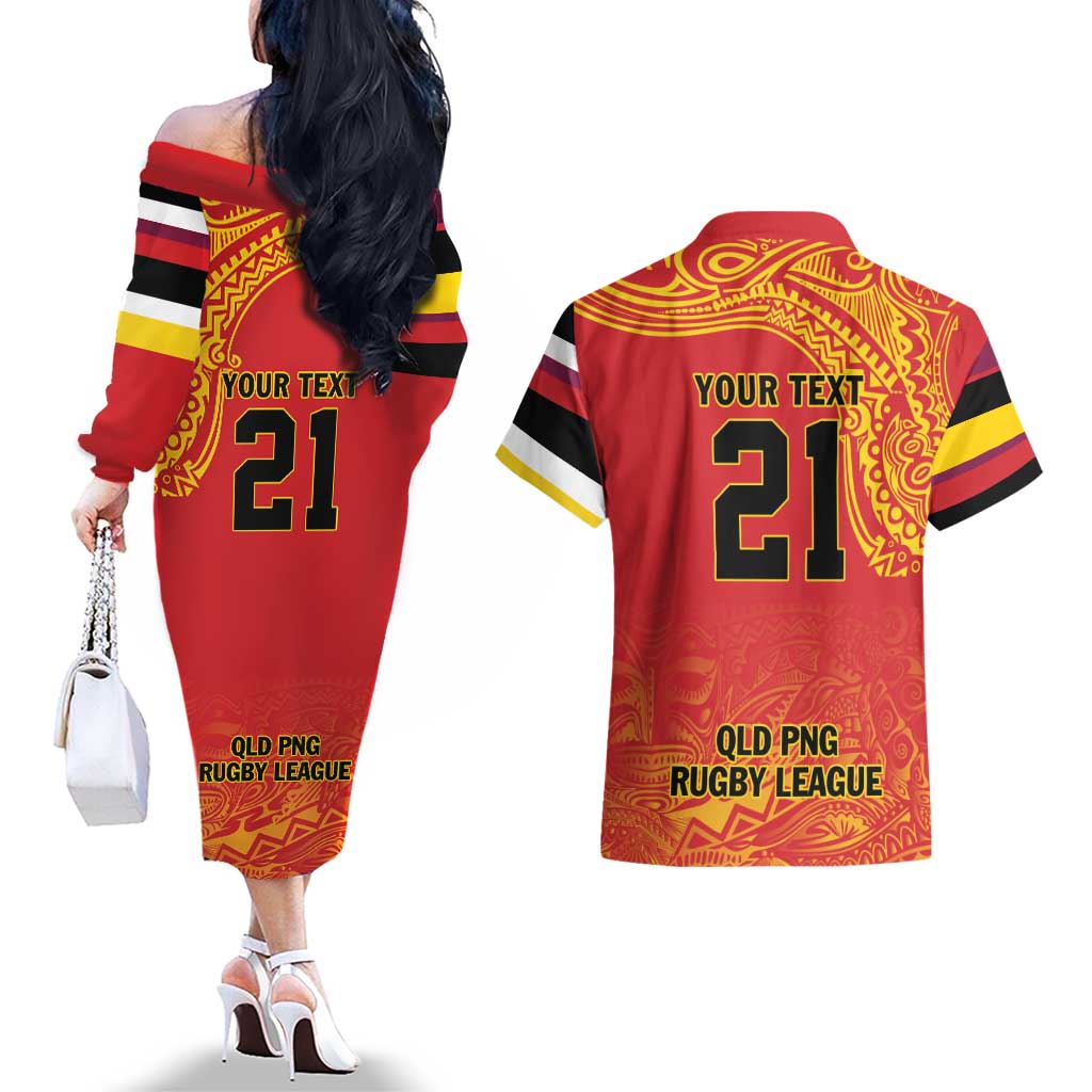Queensland Papua New Guinea Custom Couples Matching Off The Shoulder Long Sleeve Dress and Hawaiian Shirt All Red Pacific PNG Tribal Style