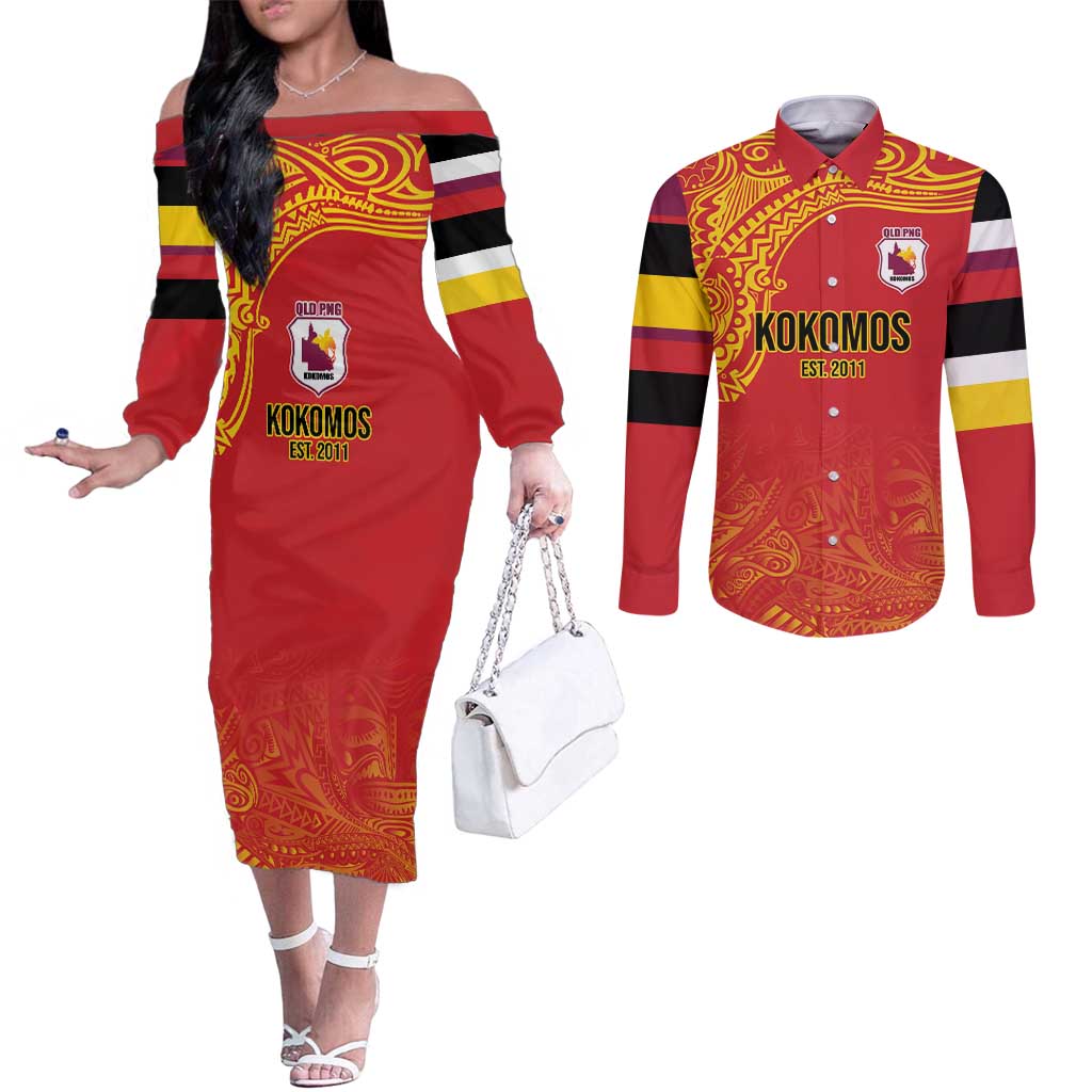 Queensland Papua New Guinea Custom Couples Matching Off The Shoulder Long Sleeve Dress and Long Sleeve Button Shirt All Red Pacific PNG Tribal Style
