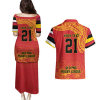 Queensland Papua New Guinea Custom Couples Matching Puletasi and Hawaiian Shirt All Red Pacific PNG Tribal Style