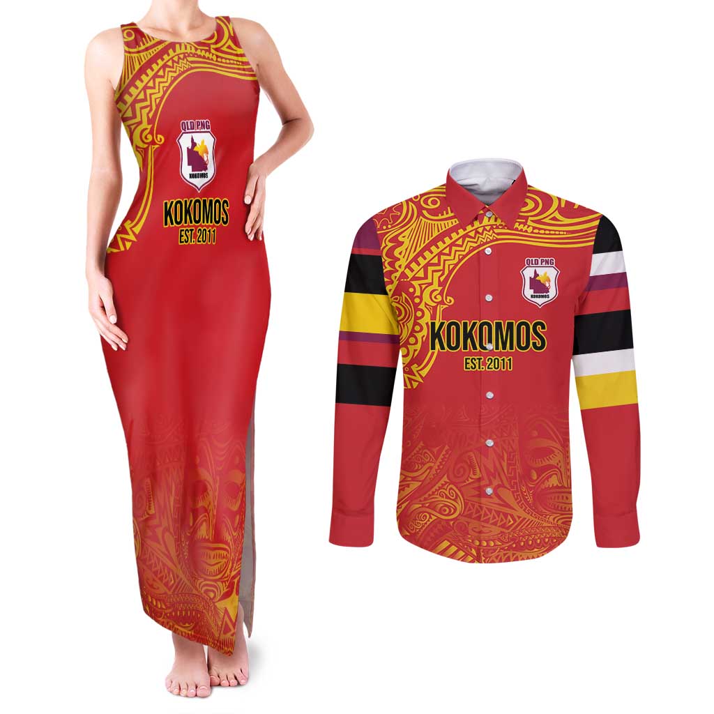 Queensland Papua New Guinea Custom Couples Matching Tank Maxi Dress and Long Sleeve Button Shirt All Red Pacific PNG Tribal Style