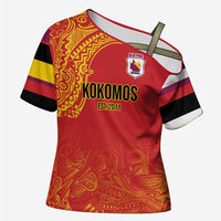 Queensland Papua New Guinea Custom Cross Shoulder Shirt All Red Pacific PNG Tribal Style - Polynesian Pride