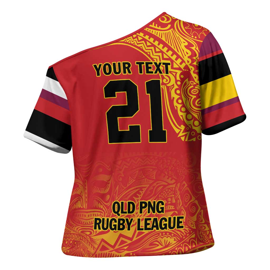 Queensland Papua New Guinea Custom Cross Shoulder Shirt All Red Pacific PNG Tribal Style - Polynesian Pride