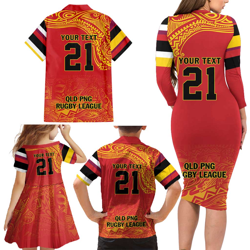 Queensland Papua New Guinea Custom Family Matching Long Sleeve Bodycon Dress and Hawaiian Shirt All Red Pacific PNG Tribal Style
