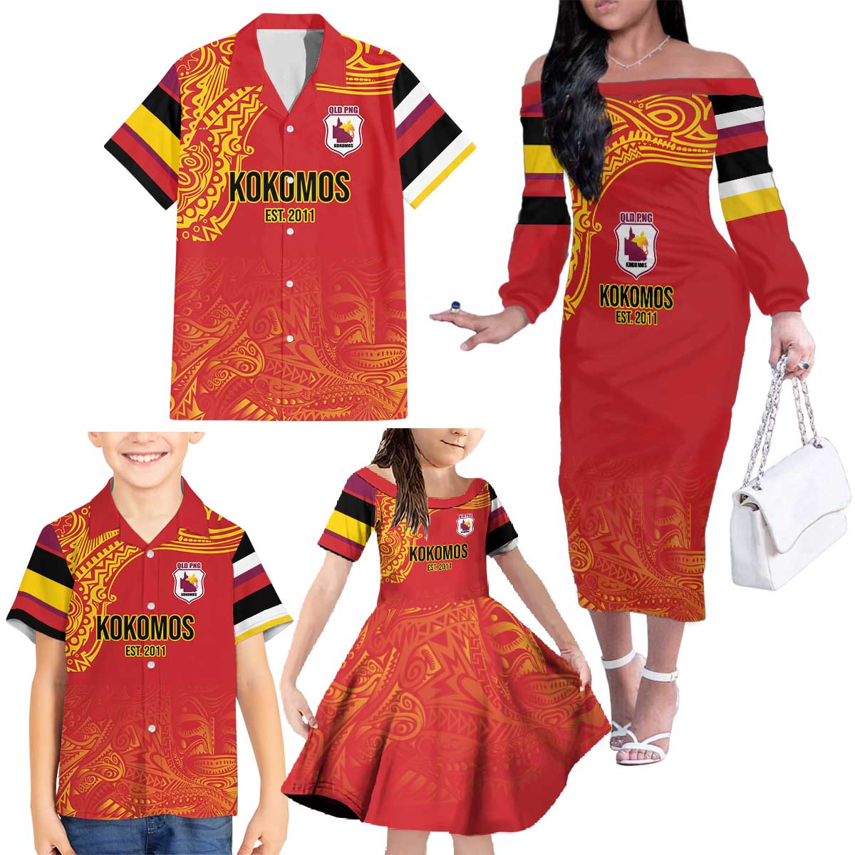 Queensland Papua New Guinea Custom Family Matching Off The Shoulder Long Sleeve Dress and Hawaiian Shirt All Red Pacific PNG Tribal Style