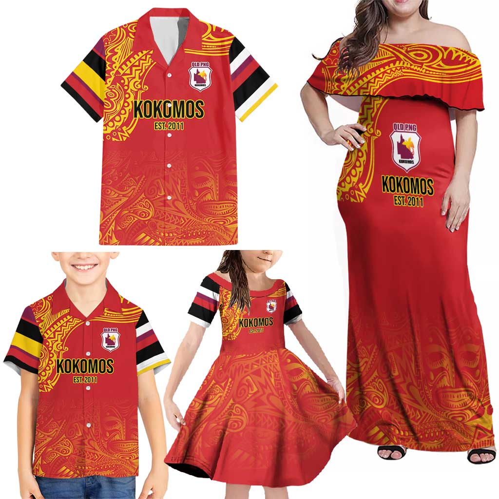 Queensland Papua New Guinea Custom Family Matching Off Shoulder Maxi Dress and Hawaiian Shirt All Red Pacific PNG Tribal Style