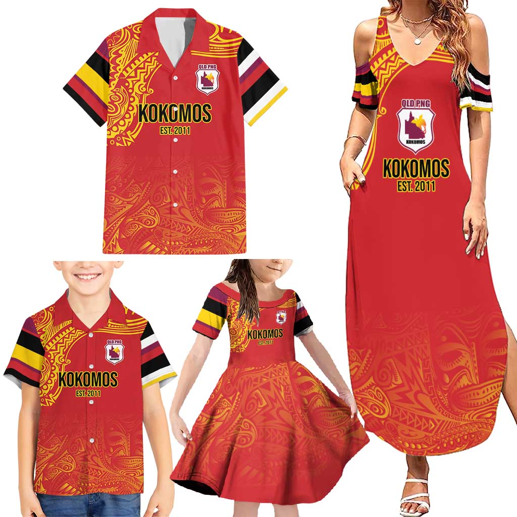 Queensland Papua New Guinea Custom Family Matching Summer Maxi Dress and Hawaiian Shirt All Red Pacific PNG Tribal Style