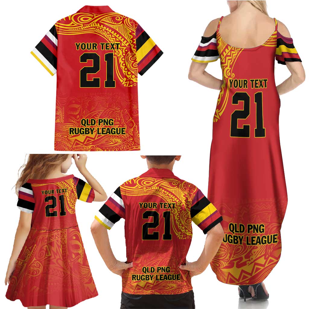 Queensland Papua New Guinea Custom Family Matching Summer Maxi Dress and Hawaiian Shirt All Red Pacific PNG Tribal Style
