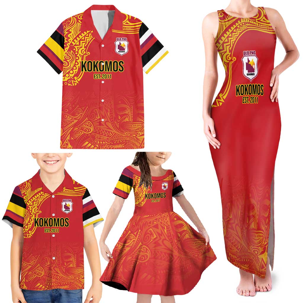 Queensland Papua New Guinea Custom Family Matching Tank Maxi Dress and Hawaiian Shirt All Red Pacific PNG Tribal Style