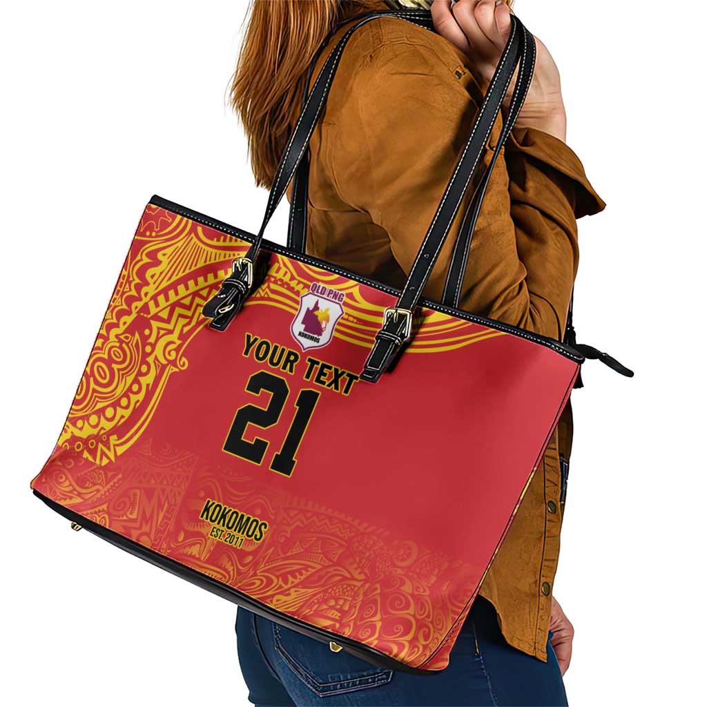 Queensland Papua New Guinea Custom Leather Tote Bag All Red Pacific PNG Tribal Style