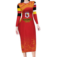 Queensland Papua New Guinea Custom Long Sleeve Bodycon Dress All Red Pacific PNG Tribal Style