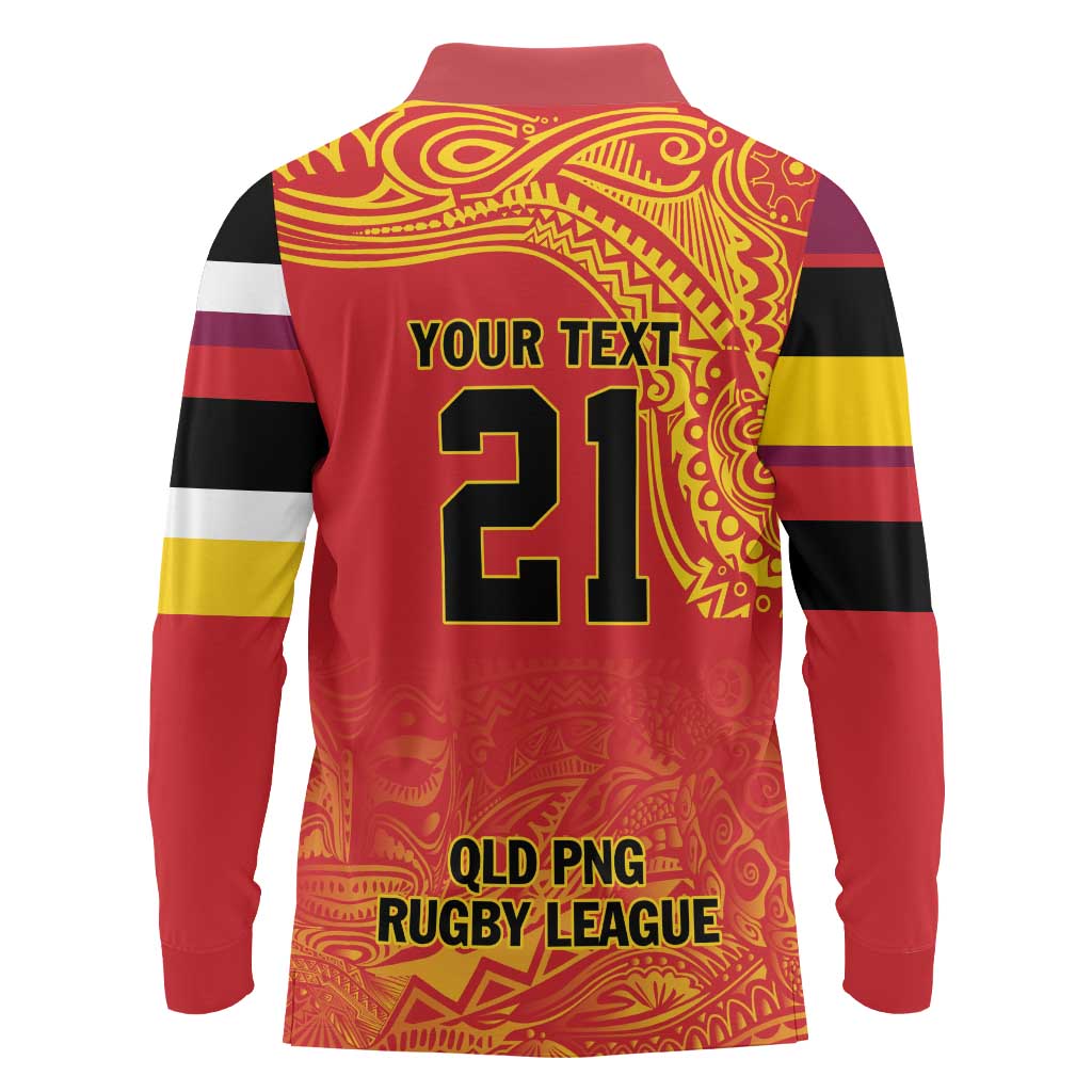 Queensland Papua New Guinea Custom Long Sleeve Polo Shirt All Red Pacific PNG Tribal Style