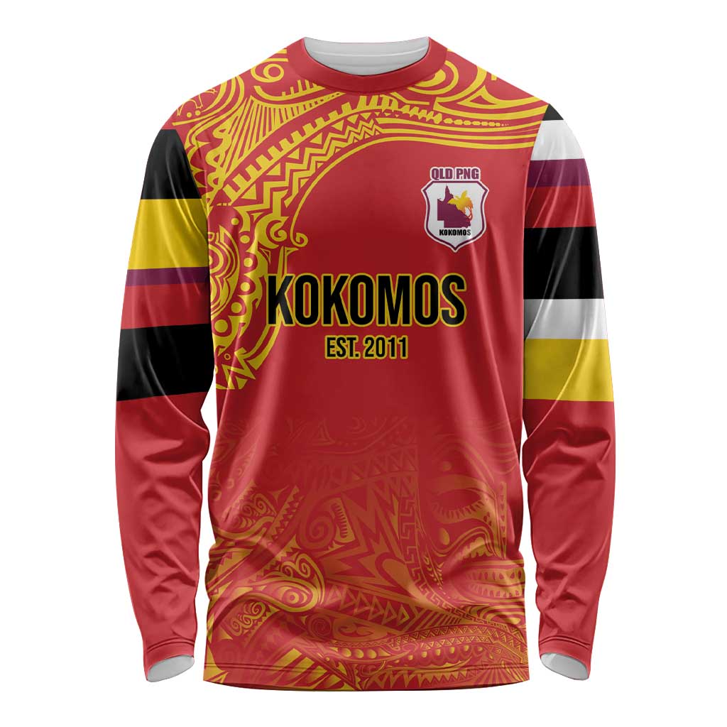 Queensland Papua New Guinea Custom Long Sleeve Shirt All Red Pacific PNG Tribal Style