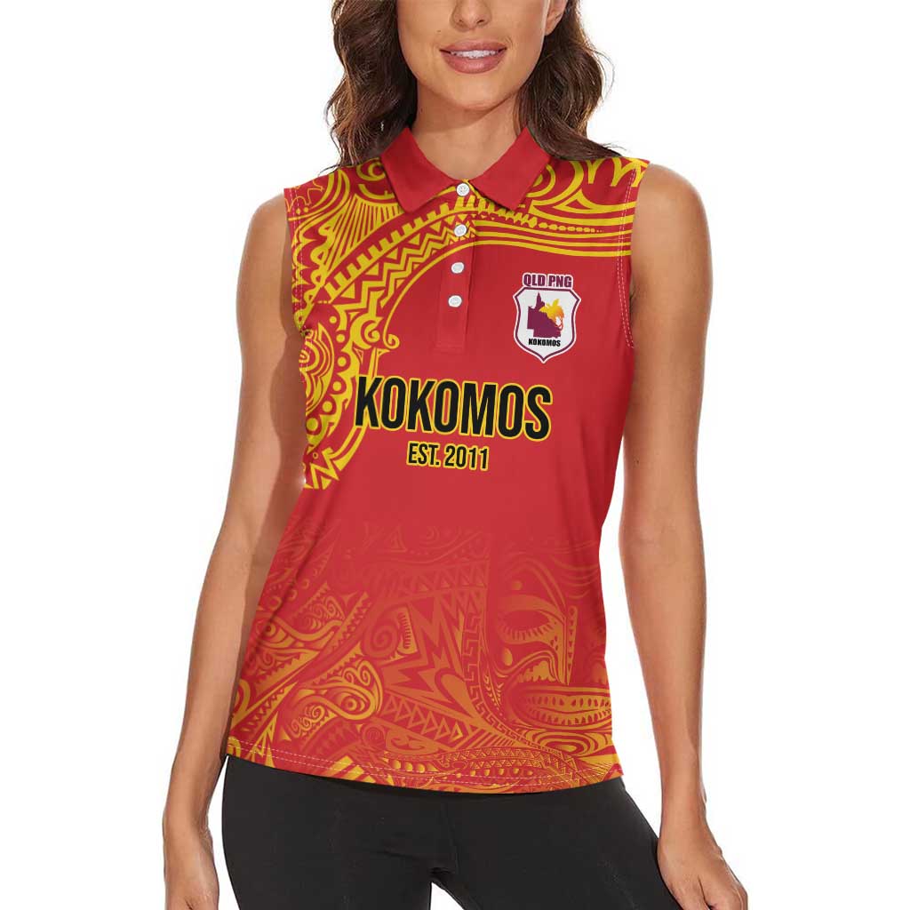Queensland Papua New Guinea Custom Women Sleeveless Polo Shirt All Red Pacific PNG Tribal Style