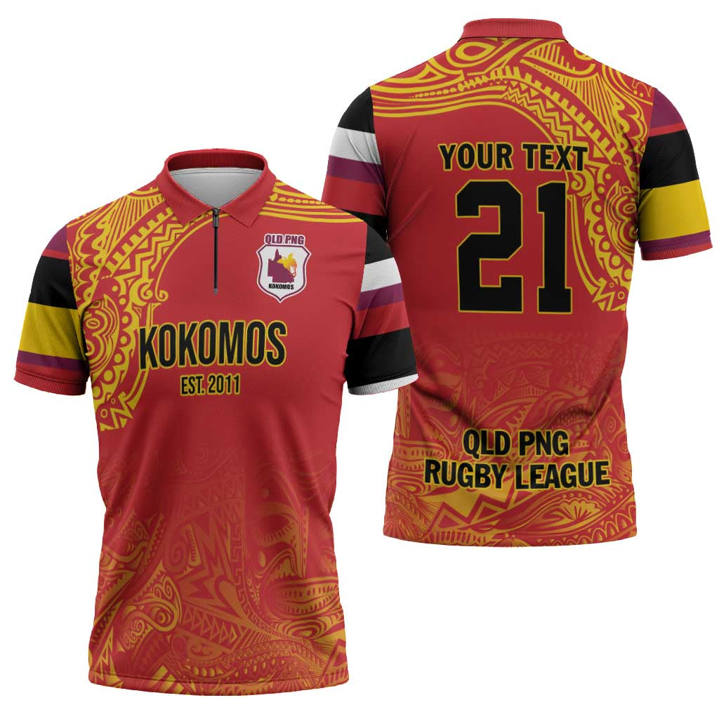 Queensland Papua New Guinea Custom Zipper Polo Shirt All Red Pacific PNG Tribal Style - Polynesian Pride