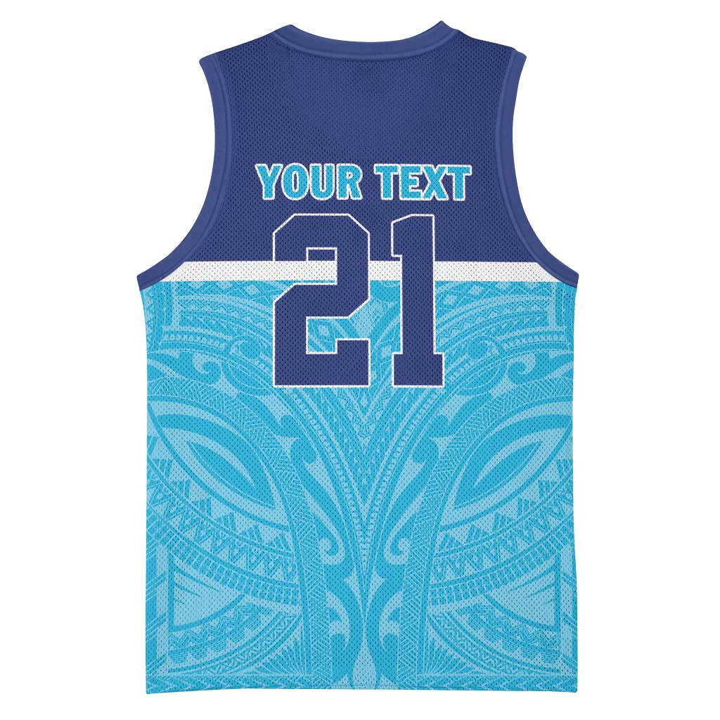 Queensland Samoa Custom Basketball Jersey Blue Pacific Polynesian Tribal Pattern - Polynesian Pride