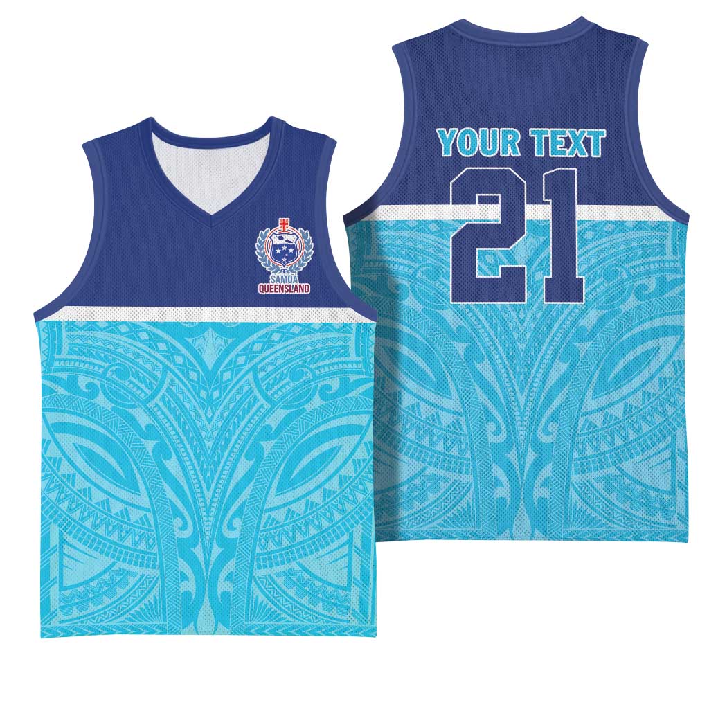 Queensland Samoa Custom Basketball Jersey Blue Pacific Polynesian Tribal Pattern - Polynesian Pride