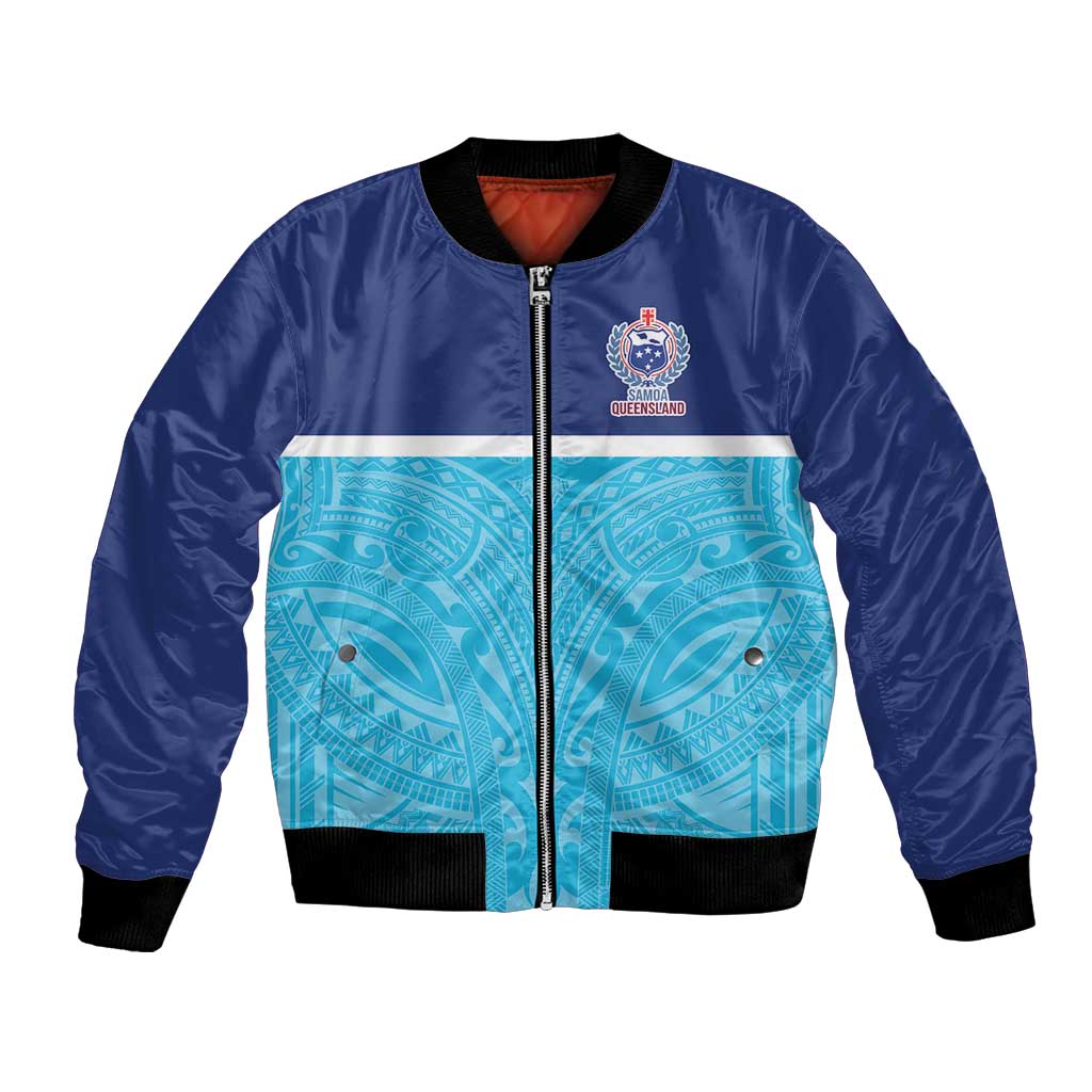 Queensland Samoa Custom Bomber Jacket Blue Pacific Polynesian Tribal Pattern
