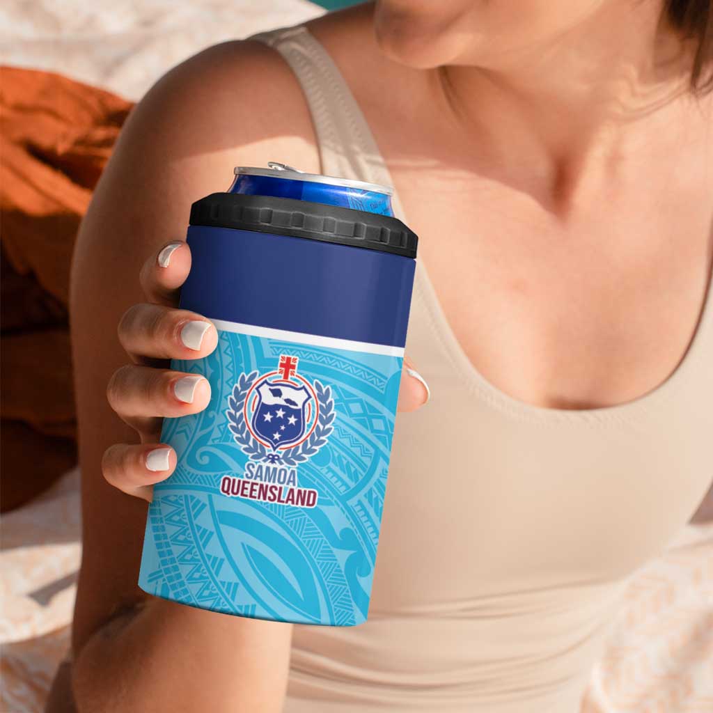Queensland Samoa Custom 4 in 1 Can Cooler Tumbler Blue Pacific Polynesian Tribal Pattern