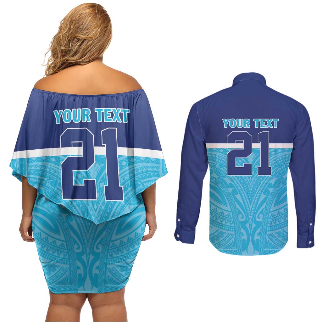 Queensland Samoa Custom Couples Matching Off Shoulder Short Dress and Long Sleeve Button Shirt Blue Pacific Polynesian Tribal Pattern