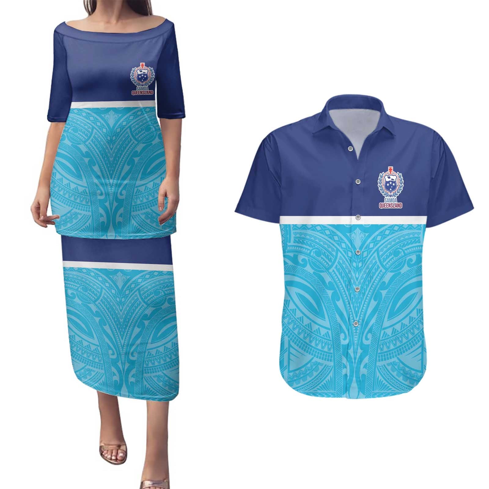 Queensland Samoa Custom Couples Matching Puletasi and Hawaiian Shirt Blue Pacific Polynesian Tribal Pattern