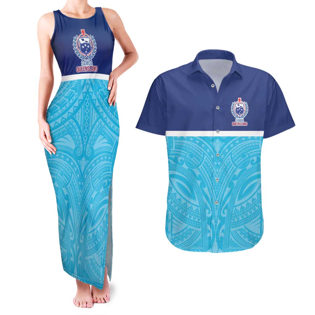 Queensland Samoa Custom Couples Matching Tank Maxi Dress and Hawaiian Shirt Blue Pacific Polynesian Tribal Pattern