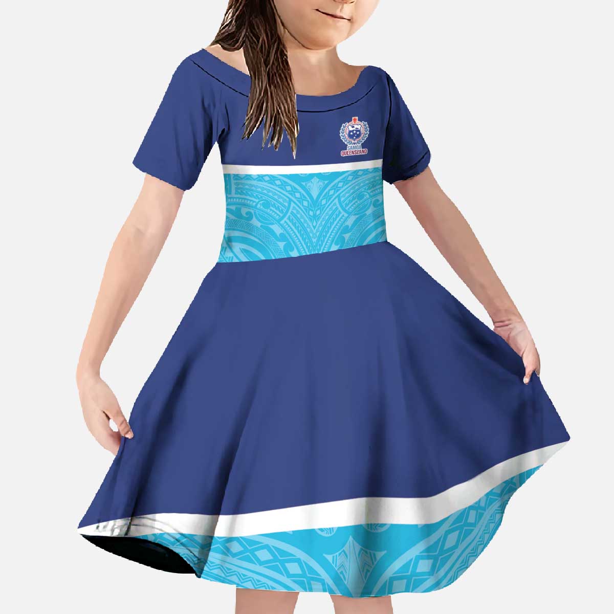 Queensland Samoa Custom Family Matching Off The Shoulder Long Sleeve Dress and Hawaiian Shirt Blue Pacific Polynesian Tribal Pattern