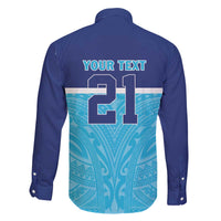 Queensland Samoa Custom Family Matching Off The Shoulder Long Sleeve Dress and Hawaiian Shirt Blue Pacific Polynesian Tribal Pattern