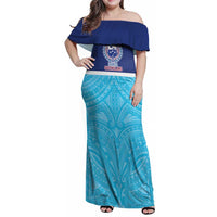 Queensland Samoa Custom Family Matching Off Shoulder Maxi Dress and Hawaiian Shirt Blue Pacific Polynesian Tribal Pattern