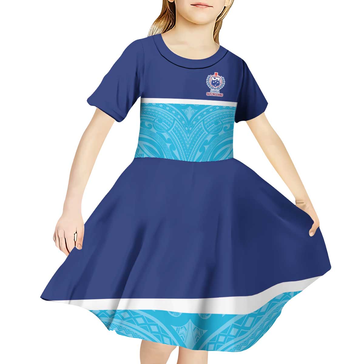 Queensland Samoa Custom Kid Short Sleeve Dress Blue Pacific Polynesian Tribal Pattern