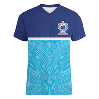 Queensland Samoa Custom Women V-Neck T-Shirt Blue Pacific Polynesian Tribal Pattern