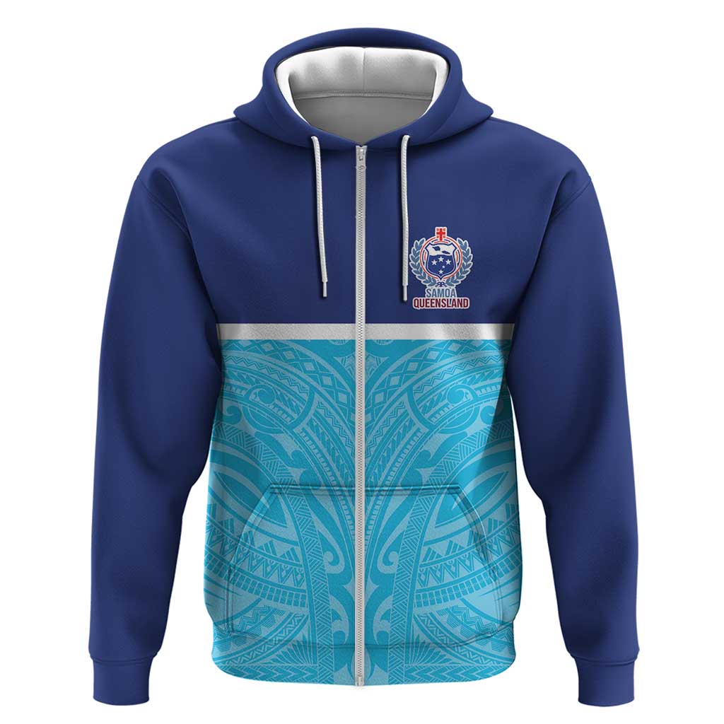 Queensland Samoa Custom Zip Hoodie Blue Pacific Polynesian Tribal Pattern