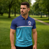 Queensland Samoa Custom Zipper Polo Shirt Blue Pacific Polynesian Tribal Pattern - Polynesian Pride