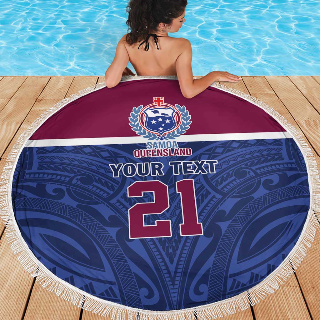 Queensland Samoa Custom Beach Blanket Maroon-Blue Pacific Polynesian Tribal Pattern