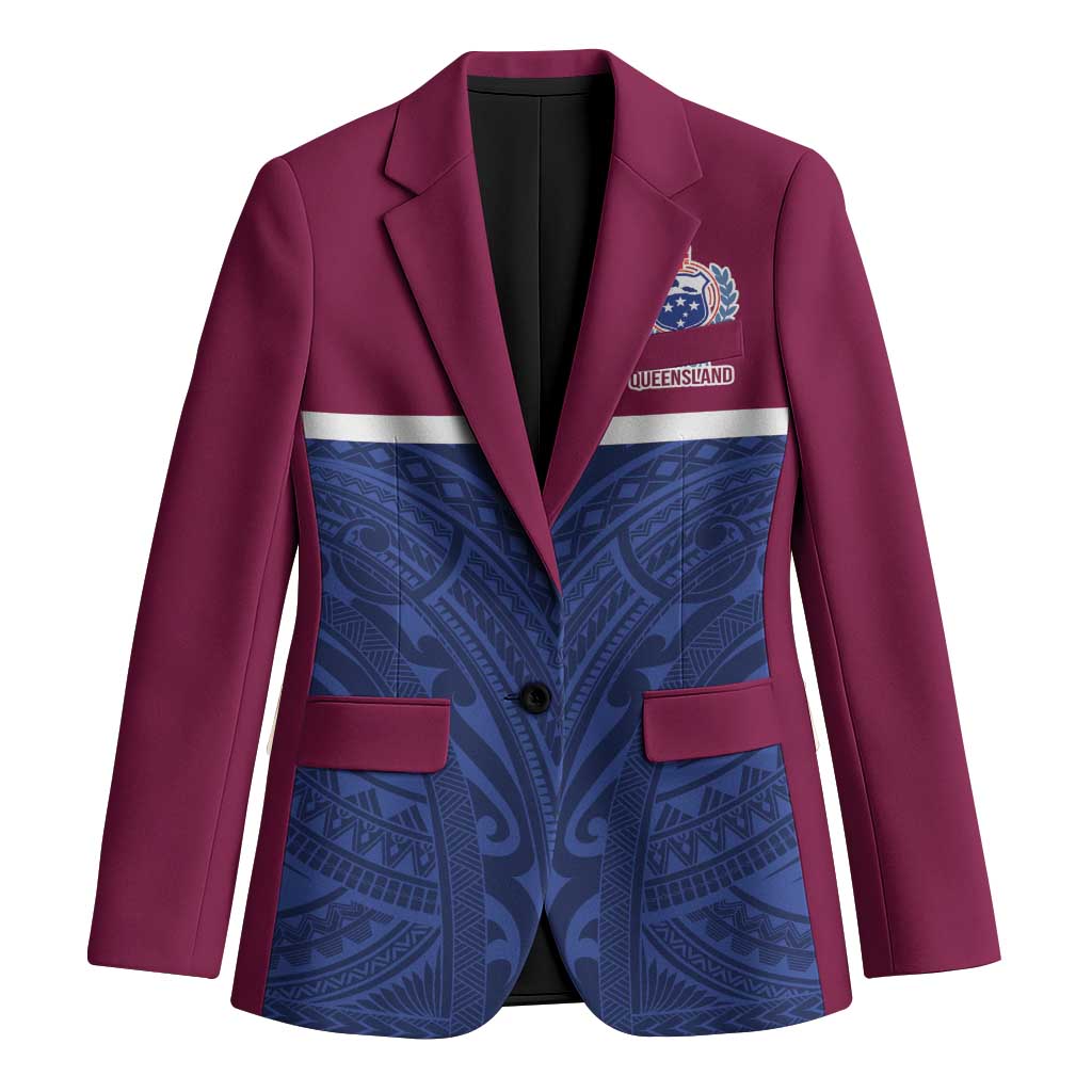 Queensland Samoa Custom Blazer Maroon-Blue Pacific Polynesian Tribal Pattern - Polynesian Pride