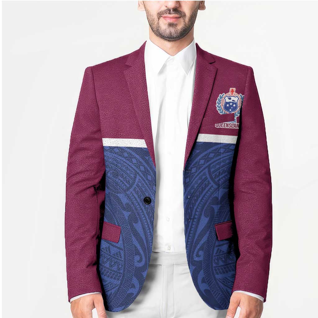 Queensland Samoa Custom Blazer Maroon-Blue Pacific Polynesian Tribal Pattern - Polynesian Pride