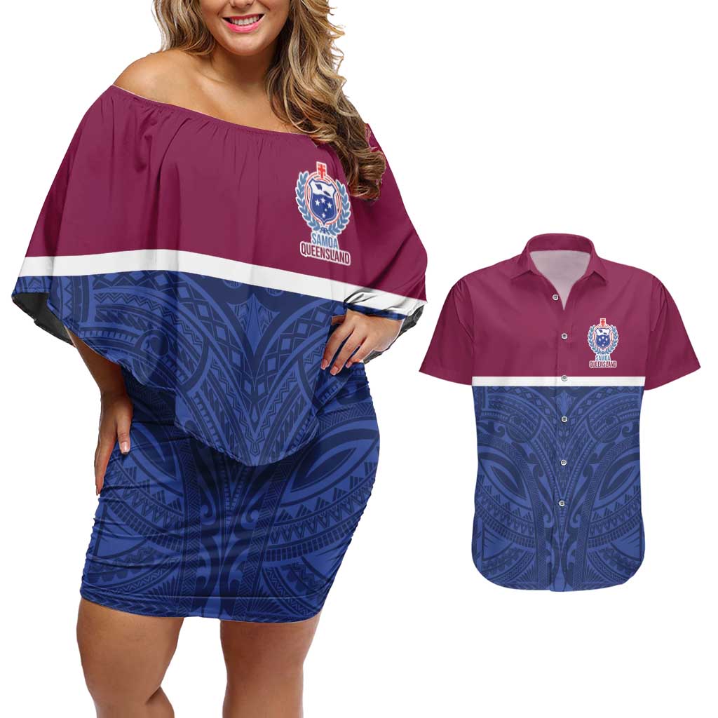 Queensland Samoa Custom Couples Matching Off Shoulder Short Dress and Hawaiian Shirt Maroon-Blue Pacific Polynesian Tribal Pattern