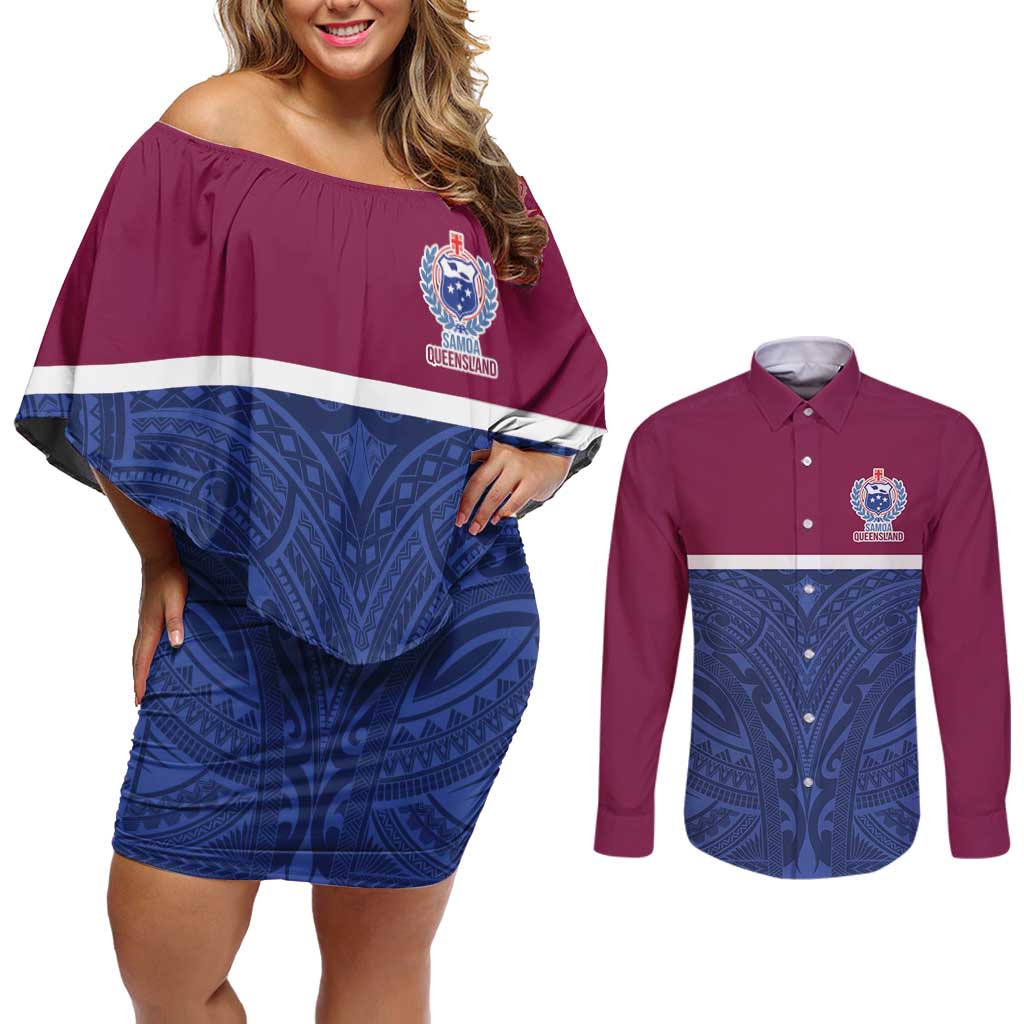 Queensland Samoa Custom Couples Matching Off Shoulder Short Dress and Long Sleeve Button Shirt Maroon-Blue Pacific Polynesian Tribal Pattern