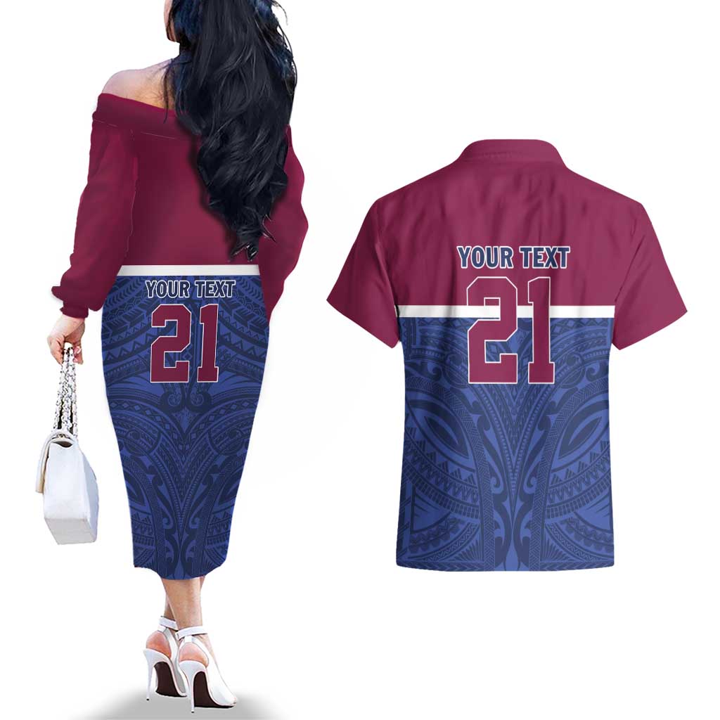 Queensland Samoa Custom Couples Matching Off The Shoulder Long Sleeve Dress and Hawaiian Shirt Maroon-Blue Pacific Polynesian Tribal Pattern