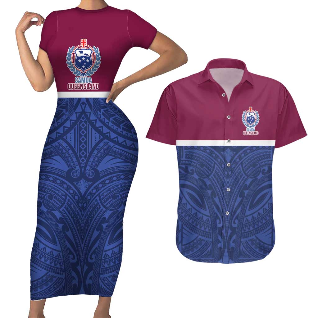 Queensland Samoa Custom Couples Matching Short Sleeve Bodycon Dress and Hawaiian Shirt Maroon-Blue Pacific Polynesian Tribal Pattern