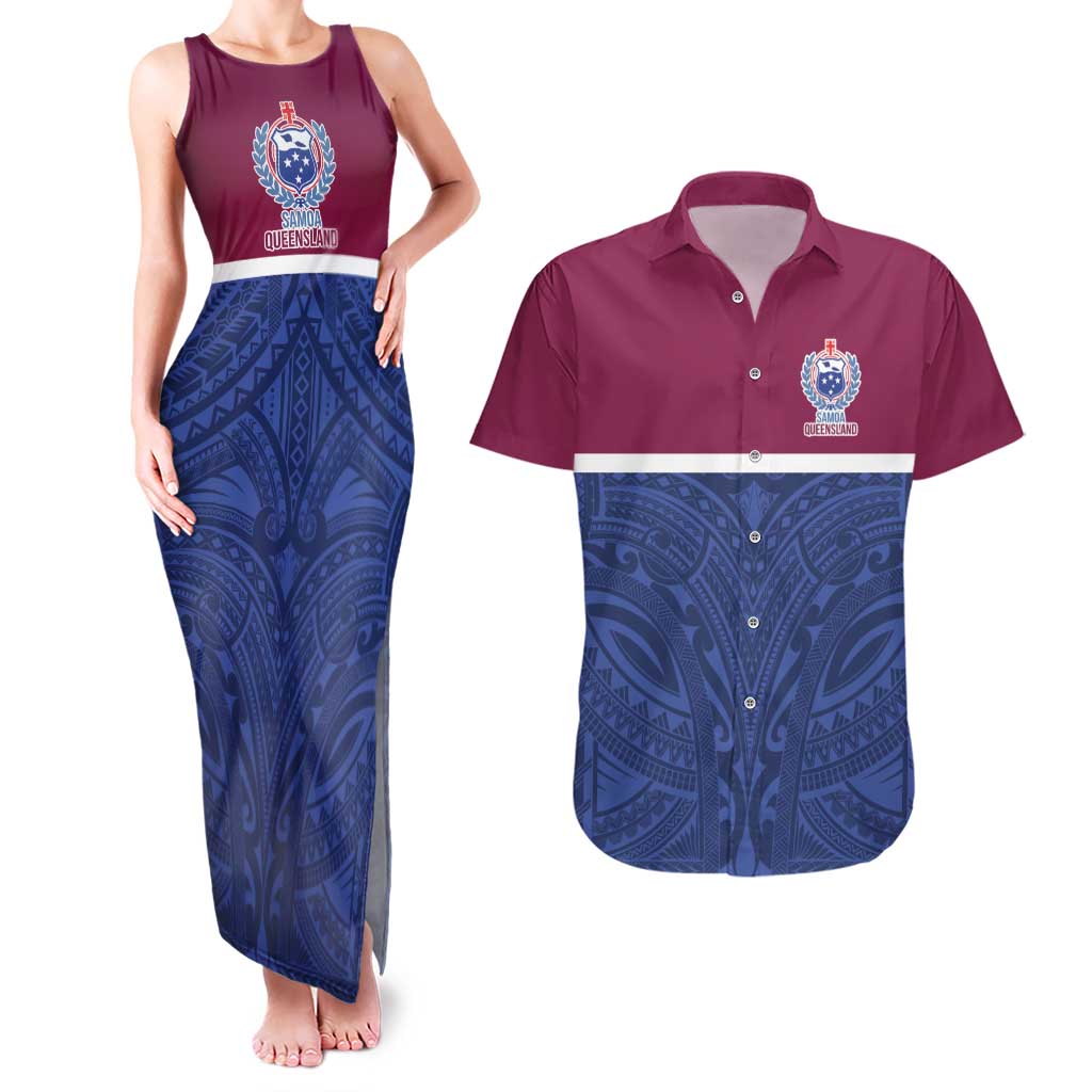 Queensland Samoa Custom Couples Matching Tank Maxi Dress and Hawaiian Shirt Maroon-Blue Pacific Polynesian Tribal Pattern LT9 Dark Blue - Polynesian Pride