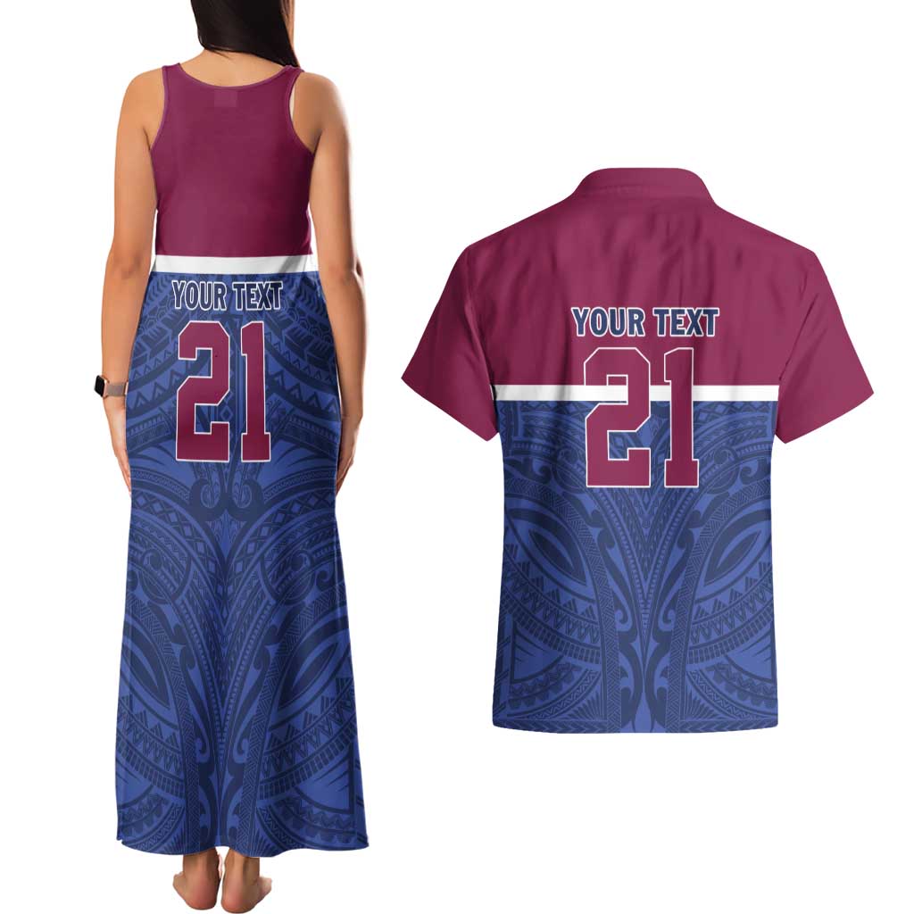 Queensland Samoa Custom Couples Matching Tank Maxi Dress and Hawaiian Shirt Maroon-Blue Pacific Polynesian Tribal Pattern LT9 - Polynesian Pride