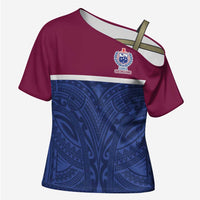 Queensland Samoa Custom Cross Shoulder Shirt Maroon-Blue Pacific Polynesian Tribal Pattern - Polynesian Pride