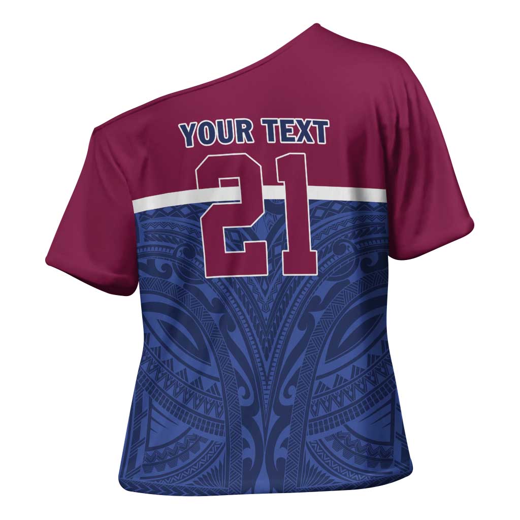 Queensland Samoa Custom Cross Shoulder Shirt Maroon-Blue Pacific Polynesian Tribal Pattern - Polynesian Pride