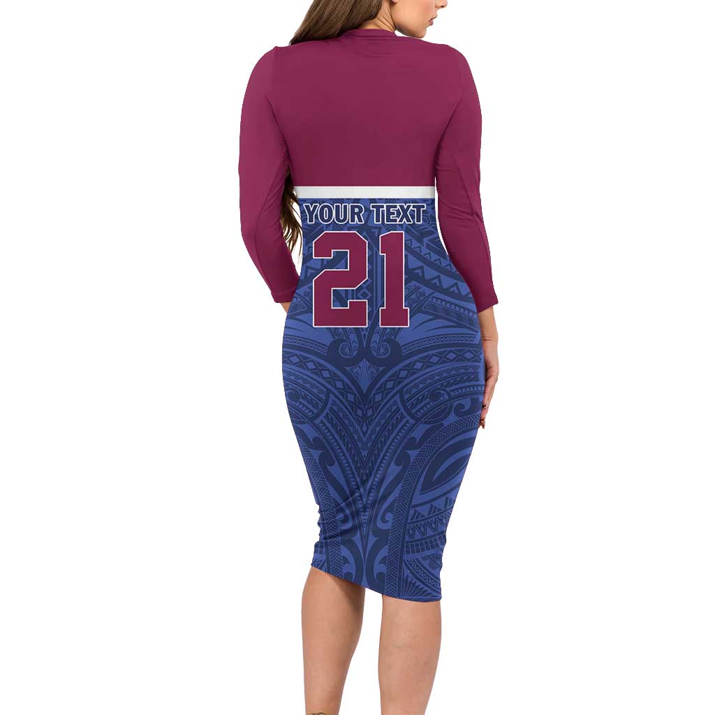 Queensland Samoa Custom Family Matching Long Sleeve Bodycon Dress and Hawaiian Shirt Maroon-Blue Pacific Polynesian Tribal Pattern