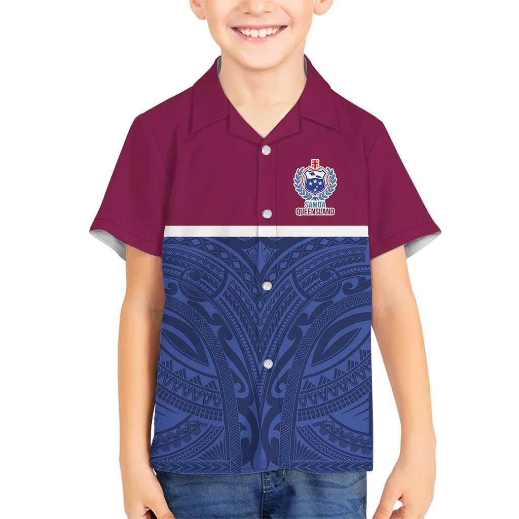 Queensland Samoa Custom Family Matching Long Sleeve Bodycon Dress and Hawaiian Shirt Maroon-Blue Pacific Polynesian Tribal Pattern
